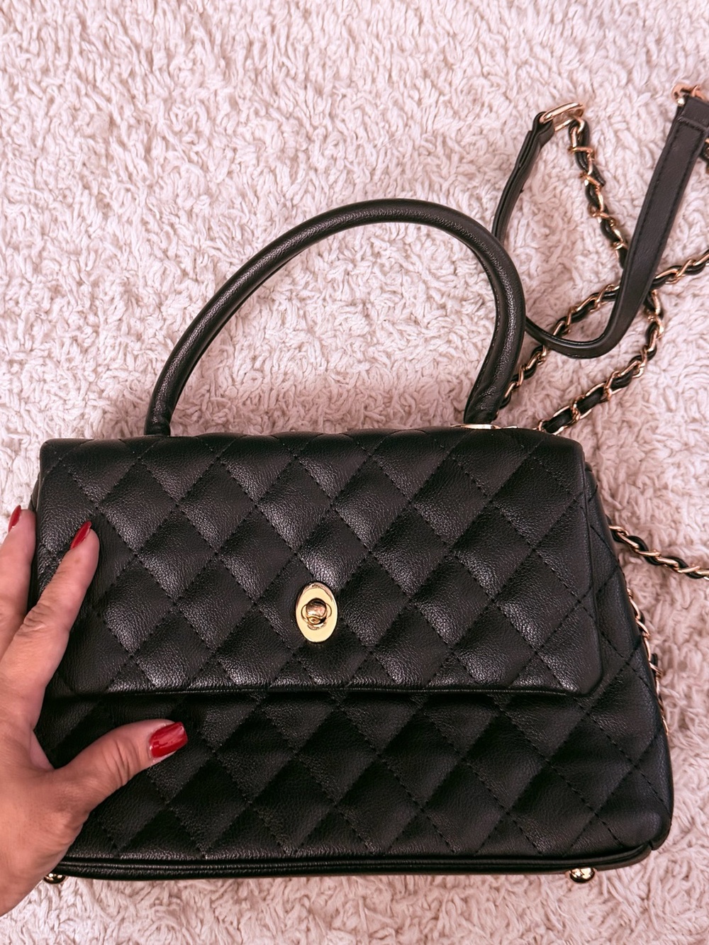 Black Quilted Top-Handle Crossbody Bag with Gold Hardware